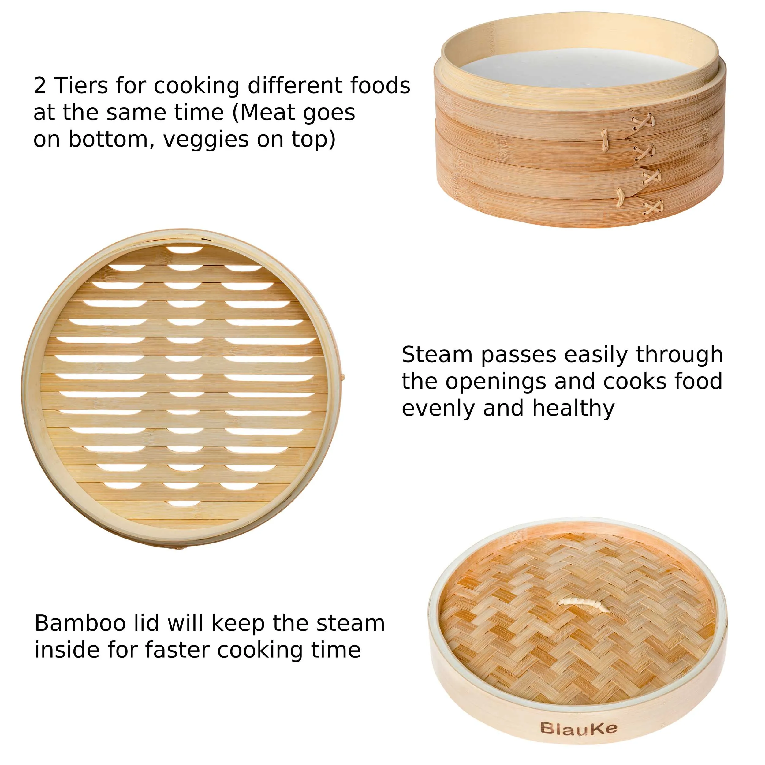 2-Tier Bamboo Steamer for Cooking Dumplings, Vegetables, Meat, Fish,