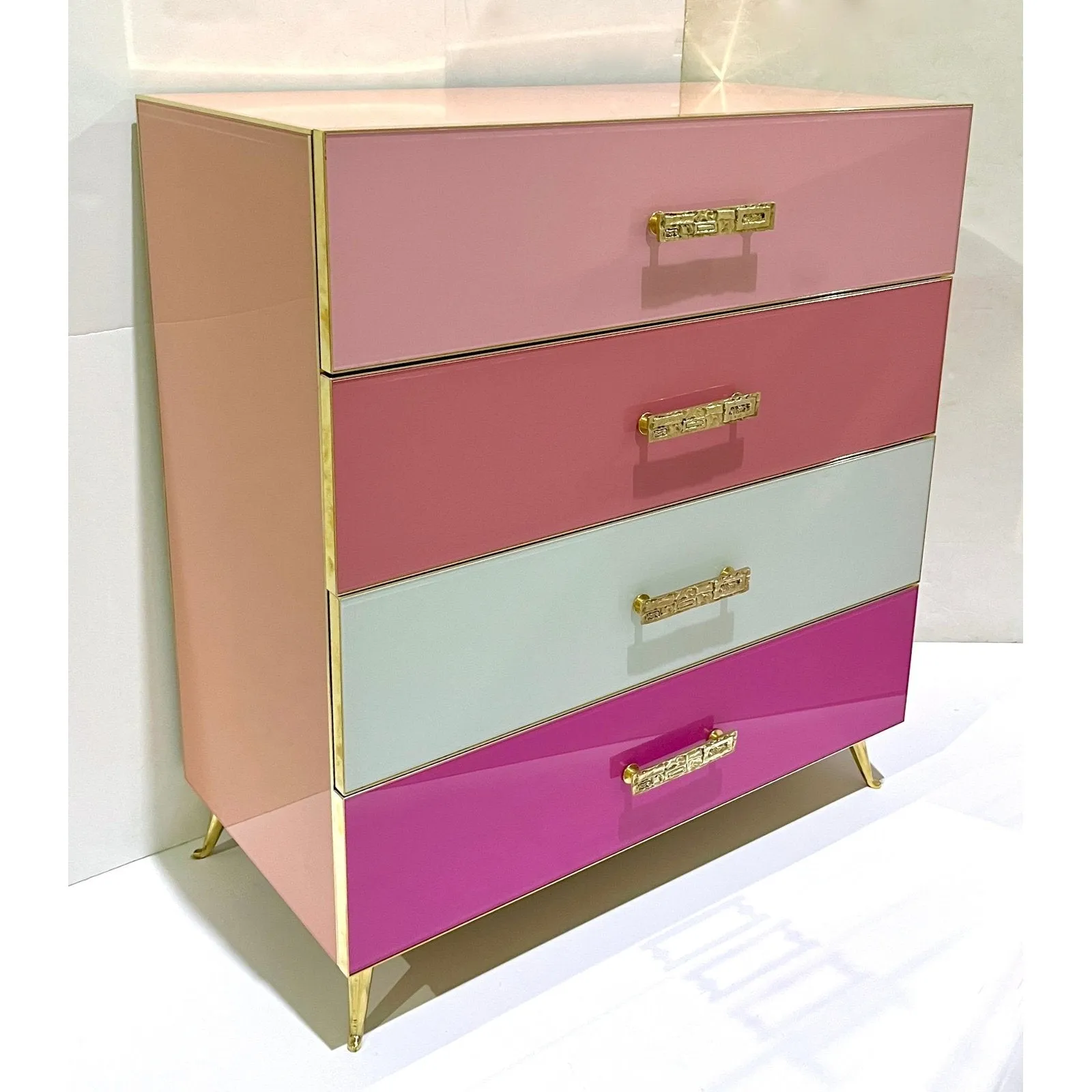 Bespoke Italian Post-Modern Pink Rose Blush White Glass 4-Drawer Semainier Chest