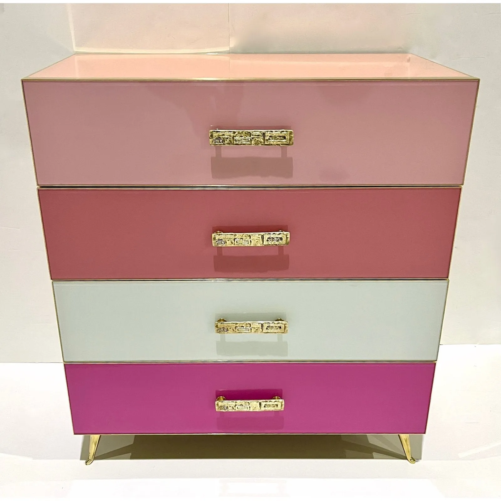 Bespoke Italian Post-Modern Pink Rose Blush White Glass 4-Drawer Semainier Chest