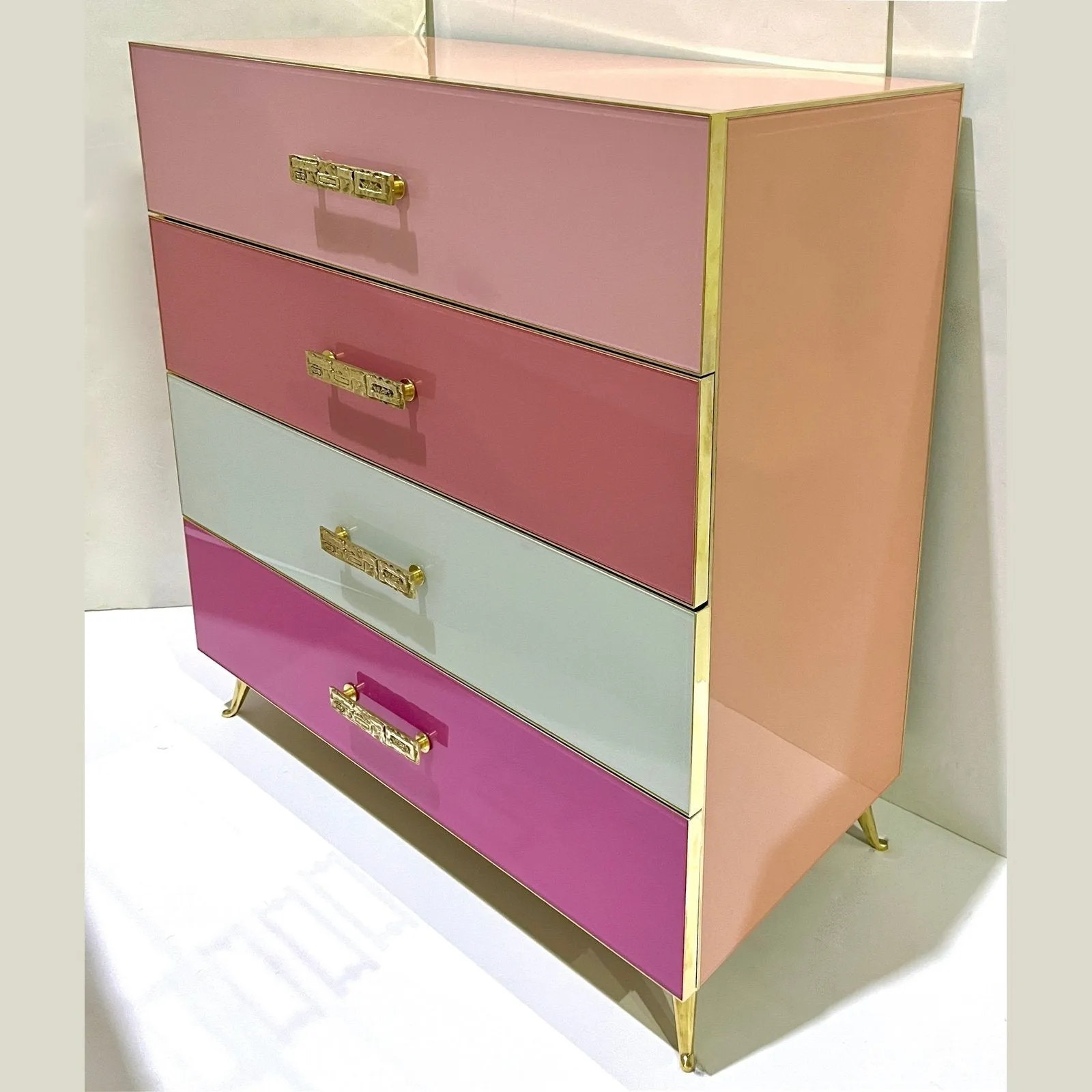 Bespoke Italian Post-Modern Pink Rose Blush White Glass 4-Drawer Semainier Chest