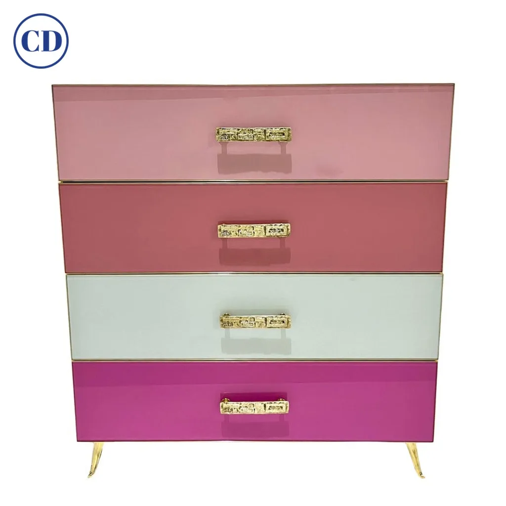 Bespoke Italian Post-Modern Pink Rose Blush White Glass 4-Drawer Semainier Chest