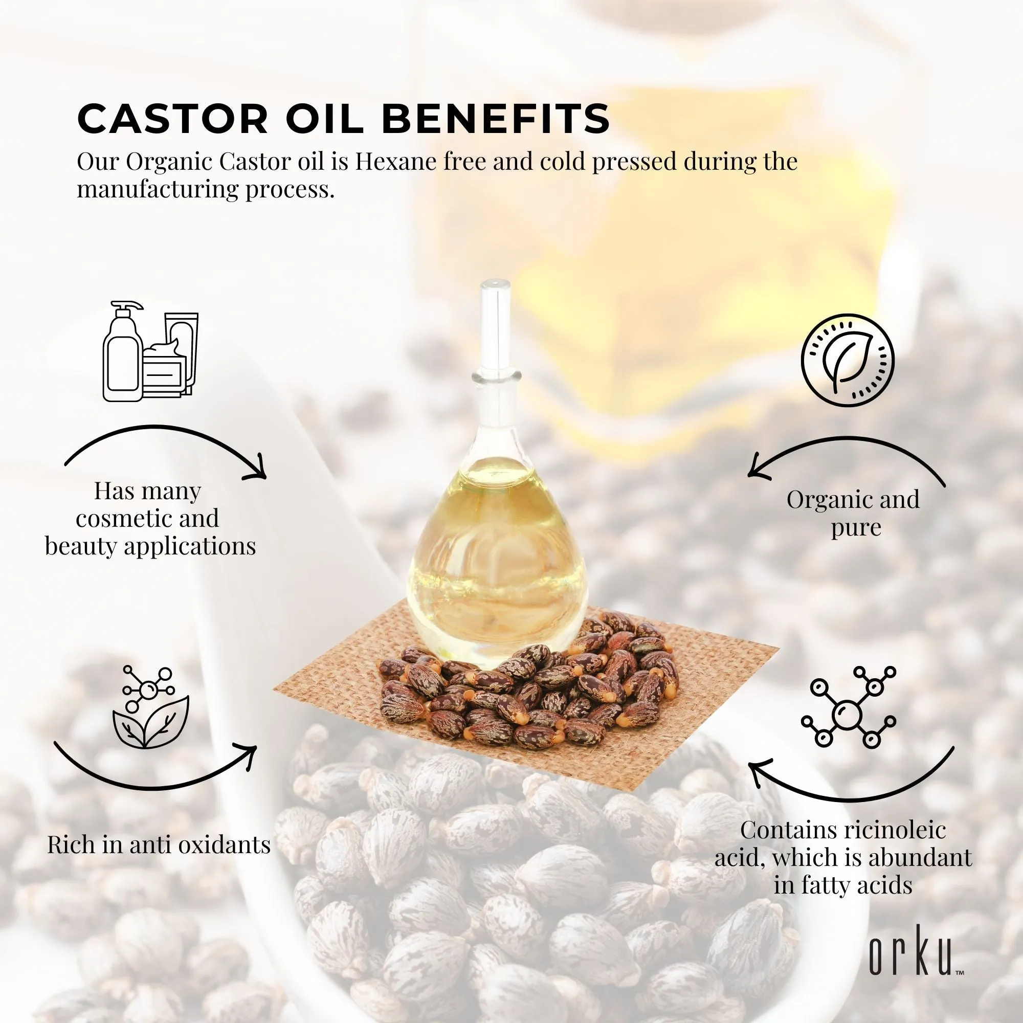 Organic Castor Oil - Hexane Free Cold Pressed Anti Oxidant Skin Hair Care