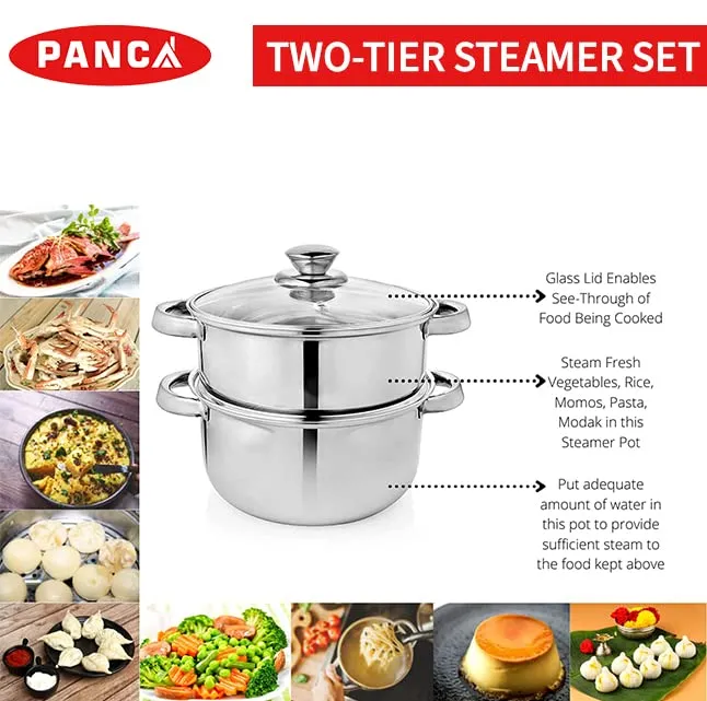 PANCA Premium Steamer For Vegatables, Momo, Rice, Multipurpose 2 Tier Stainless Steel Steamer With Glass Lid, Premium Daily Use Steamer 18cm Diameter (Induction Friendly) - Silver