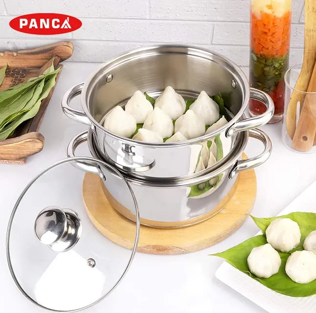 PANCA Premium Steamer For Vegatables, Momo, Rice, Multipurpose 2 Tier Stainless Steel Steamer With Glass Lid, Premium Daily Use Steamer 18cm Diameter (Induction Friendly) - Silver