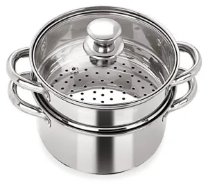 PANCA Premium Steamer For Vegatables, Momo, Rice, Multipurpose 2 Tier Stainless Steel Steamer With Glass Lid, Premium Daily Use Steamer 18cm Diameter (Induction Friendly) - Silver