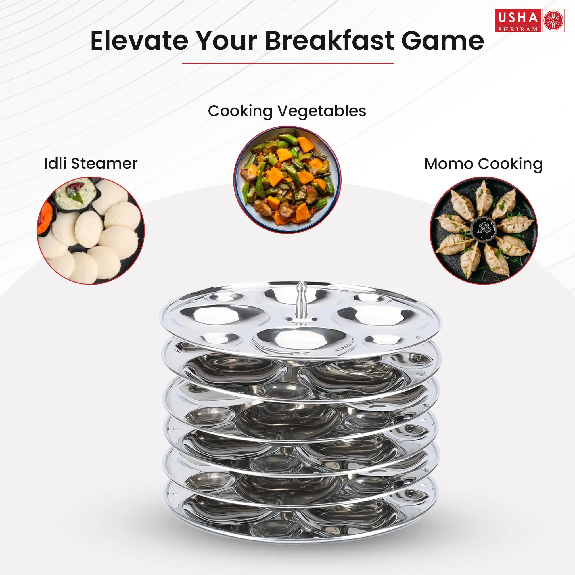 Usha Shriram Stainless Steel Idli Plates | 24 Small Idlis | 24 Big Idlis | 6 Round Plates | Removable Handles and Plates | Idly Maker | Idli Stand For Cooker | Idli Steamer | Steamer For Vegetables