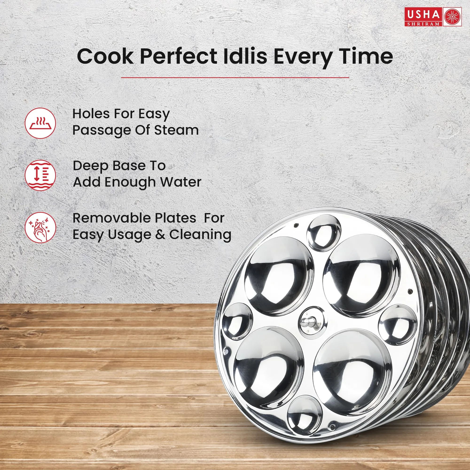 Usha Shriram Stainless Steel Idli Plates | 24 Small Idlis | 24 Big Idlis | 6 Round Plates | Removable Handles and Plates | Idly Maker | Idli Stand For Cooker | Idli Steamer | Steamer For Vegetables