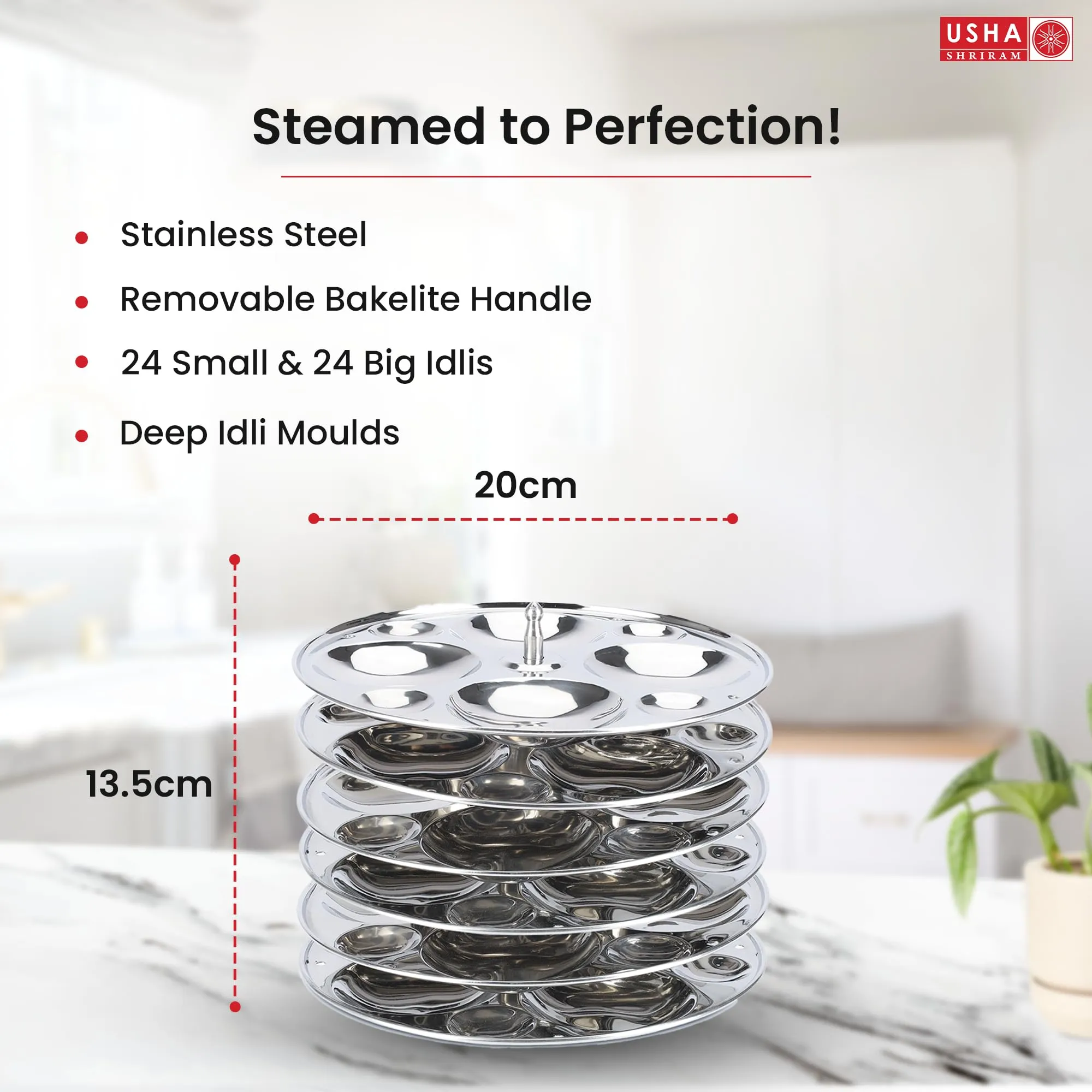 Usha Shriram Stainless Steel Idli Plates | 24 Small Idlis | 24 Big Idlis | 6 Round Plates | Removable Handles and Plates | Idly Maker | Idli Stand For Cooker | Idli Steamer | Steamer For Vegetables