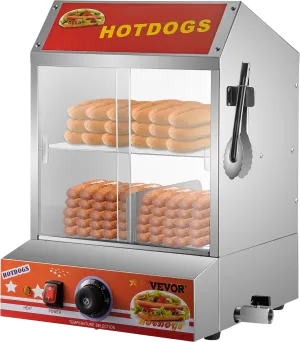 Vevor Hot Dog Steamer 2-Tier Electric Warmer with Glass Slide Doors 24.5QT Capacity New